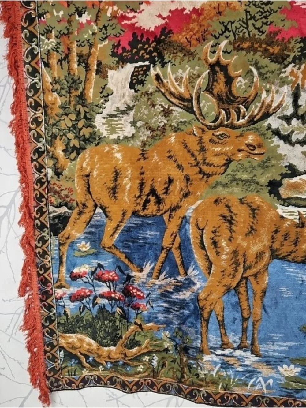 Vintage Deer Drinking Water In Forest Woodland Velvet Rug Wall Hanging 68